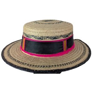 Woven Straw Hat with Black Pink Orange Ribbon Boater Summer Ceremonial Guatemala